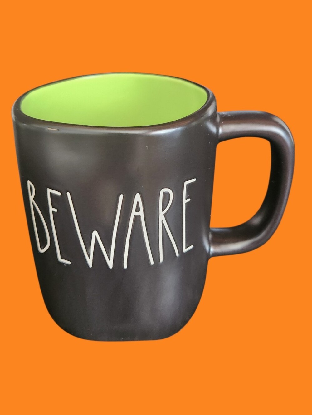 BEWARE Black Matte 20 Oz Ceramic Rae Dunn Mug with Lime Green Interior